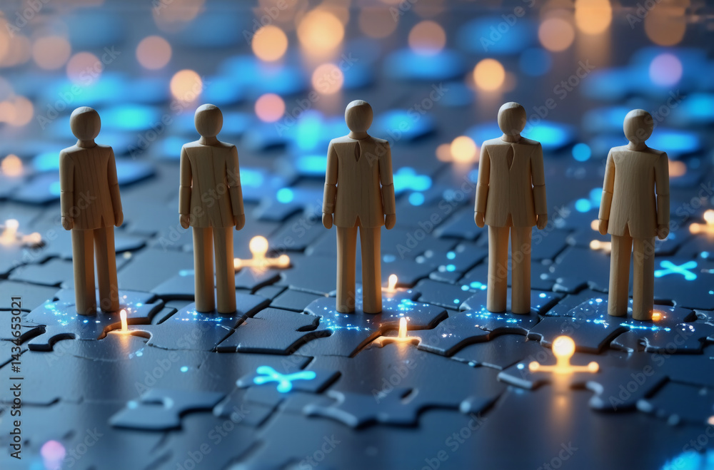 Aufkleber wooden figures stand on a complex, glowing puzzle, representing connection and collaboration in a ne