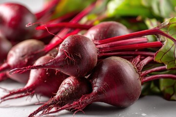 A close-up shot showcasing a pile of fresh, vibrant red beets with their leafy green tops, creating a visually appealing and healthy display of farm-fresh produce.