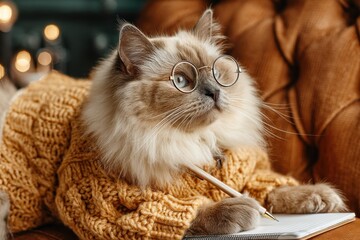 A sophisticated cat wearing glasses and a yellow sweater, writing in a notebook with a pencil, sitting on a brown couch, lost in thought and ready to take notes.