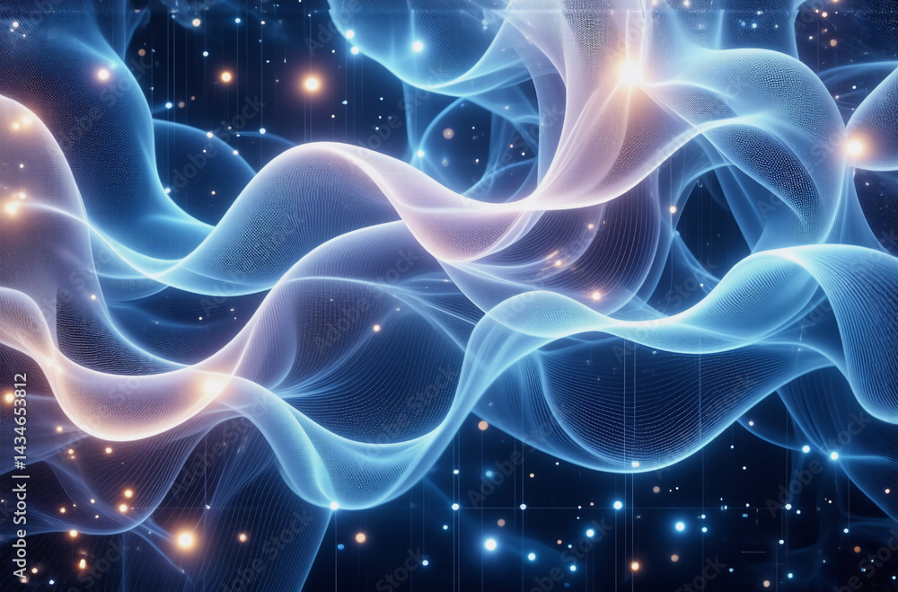 Poster ethereal waves of blue and peach hues flow gracefully across a dark backdrop sprinkled with glowing 