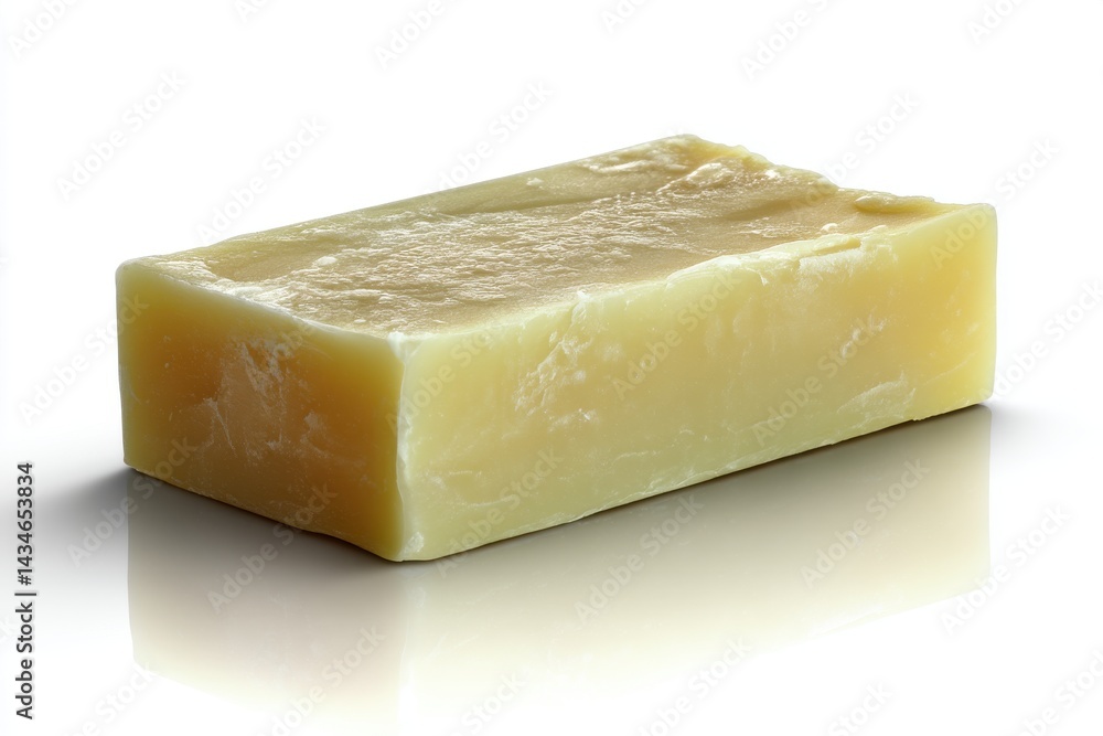 Poster a close-up studio shot of a rectangular bar of handmade soap, showcasing its natural texture and war