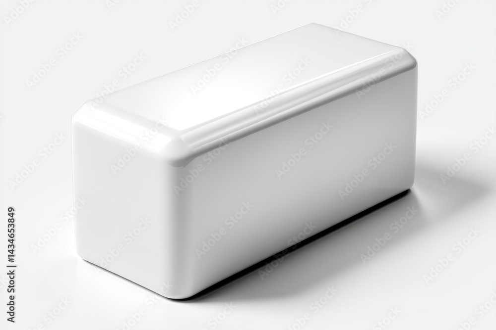 Poster a minimalist still life featuring a glossy, white, rectangular prism object set against a plain whit