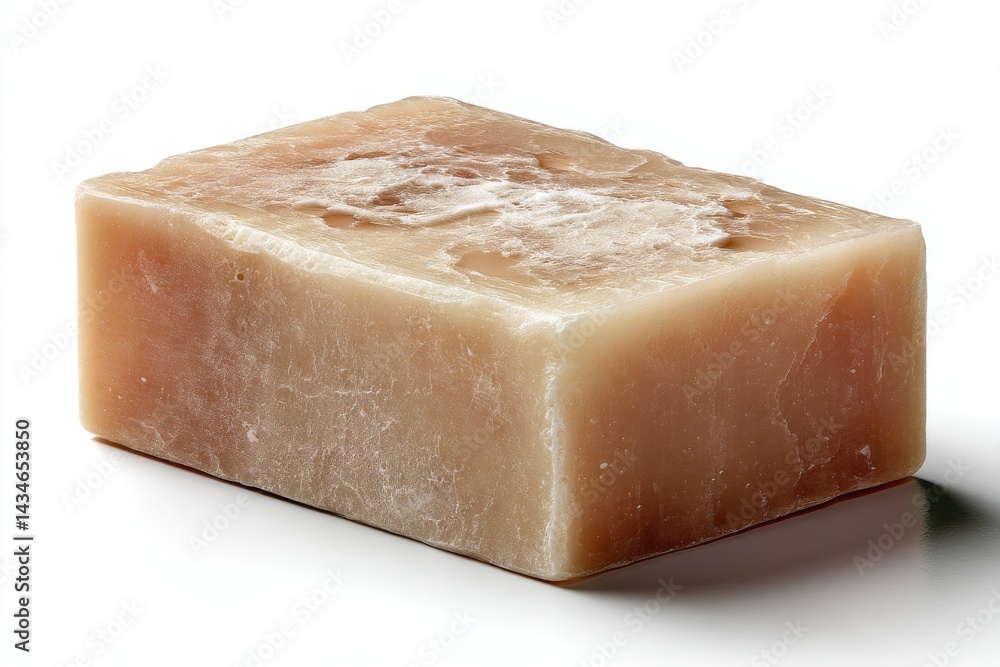 Poster a close-up shot of a rectangular bar of beige soap with a textured surface and soft shadows, display