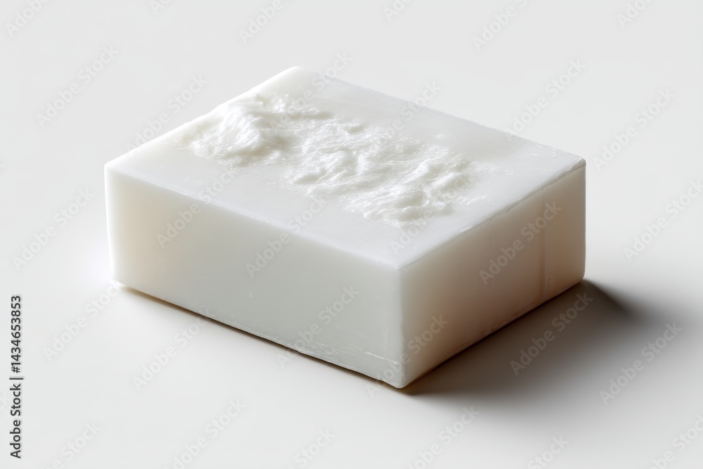 Poster close-up of a single, rectangular, white bar of solid soap, capturing its smooth texture and subtle 