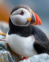 Naklejka premium A colorful puffin stands majestically on a weathered rock, gazing into the distance. Soft morning light highlights its vibrant beak and feathers against a backdrop of a calm sea.