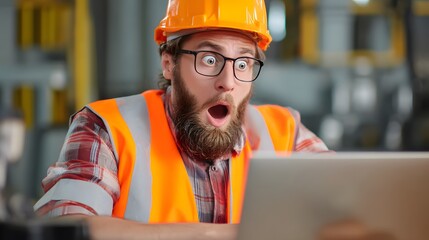 Astonished Engineer: A construction engineer with an expression of sheer surprise, sits fixated on a tablet screen, conveying the essence of shock and bewilderment.