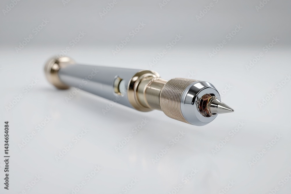 Poster a close up of a futuristic silver and gold device with a pointed tip, isolated on a white background