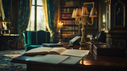 Luxurious study room with open book and antique lamp