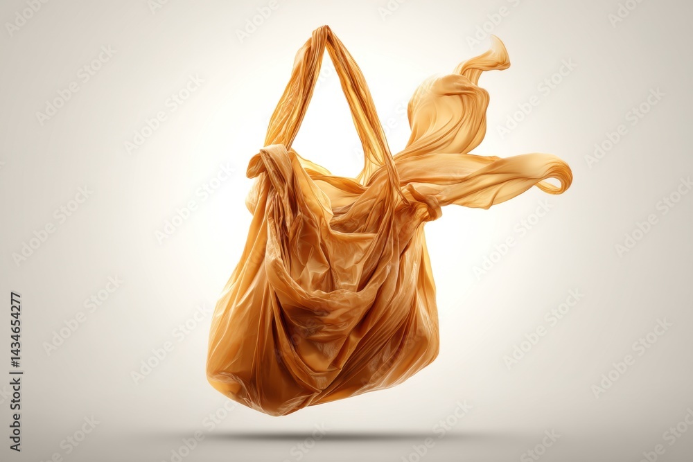 Poster abstract art composition of a floating fabric resembling a bag, capturing the dynamic movement and e