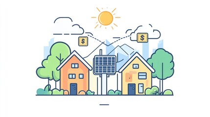 Fototapeta premium Solar panel energy powering homes, generating income.