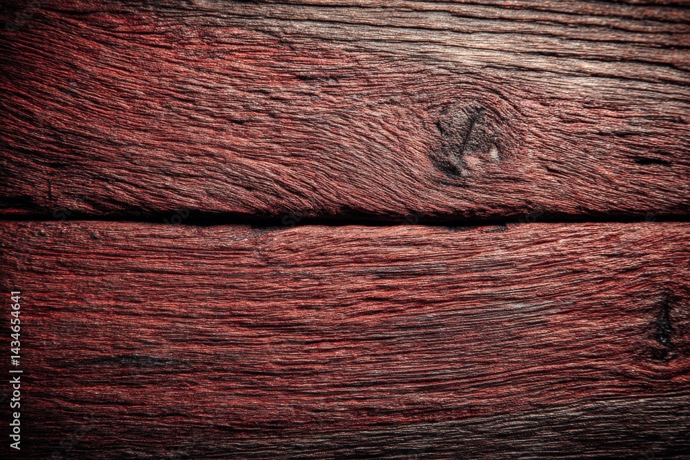 Poster close-up of deep red wood grain with visible knot, horizontal planks texture background, perfect for