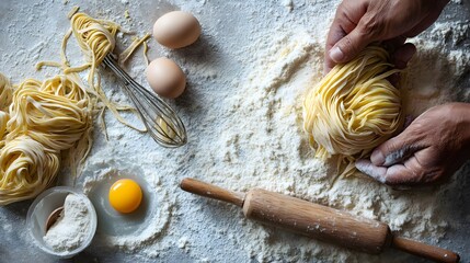 Artisan Pasta Making: An overhead shot captures hands meticulously shaping homemade pasta amid a flour-dusted surface, embodying the art of Italian culinary tradition, accompanied by eggs, whisk.