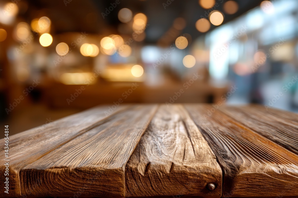 Poster rustic wooden table surface with blurred cafe bokeh background template