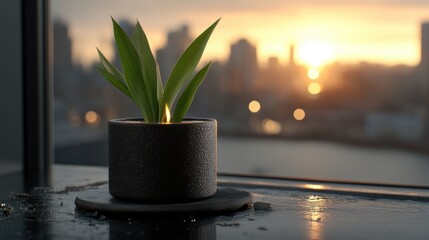 A small plant in a dark pot sits on a windowsill, overlooking a city sunset.