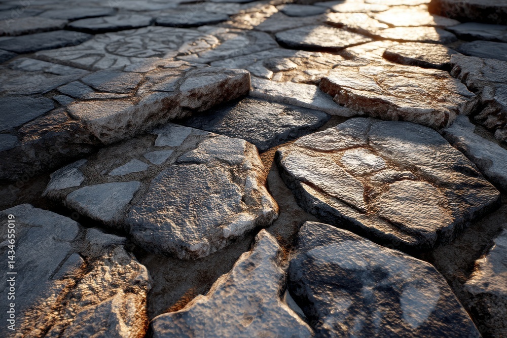Poster a close-up view of a stone pavement illuminated by golden sunlight, creating a textured surface of i