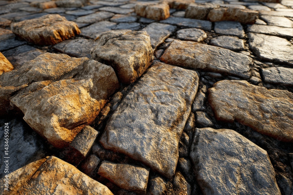 Poster close-up of an old cobblestone pavement with warm lighting illuminating the textured surface, emphas