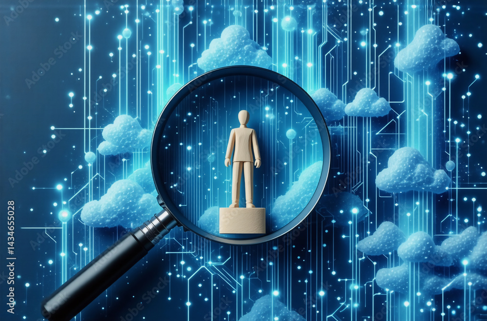 Poster magnifying glass focuses on a figure against a digital backdrop of clouds and circuit patterns. inve