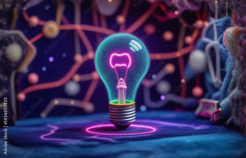 Poster a vibrant depiction of an illuminated lightbulb in a surreal environment. the core of the lightbulb 