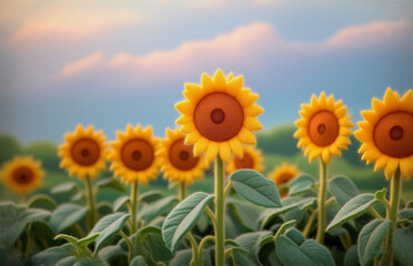 Obraz premium A field of vibrant sunflowers reaching towards the sun, bathed in warm sunlight, with a clear sky and lush greenery. A scene of natural beauty and golden hues.