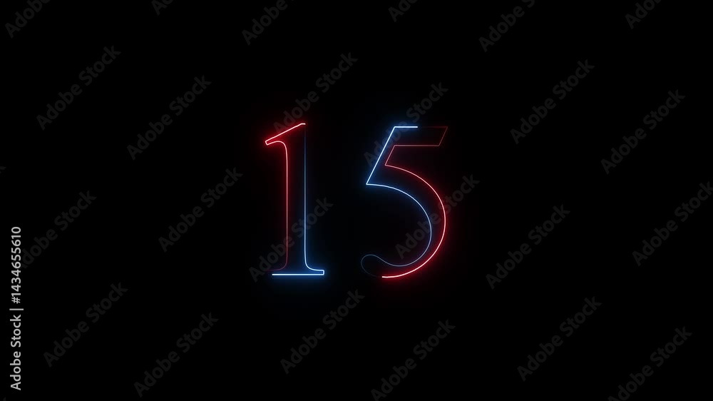 Poster abstract glowing neon text 15 number countdown icon.
