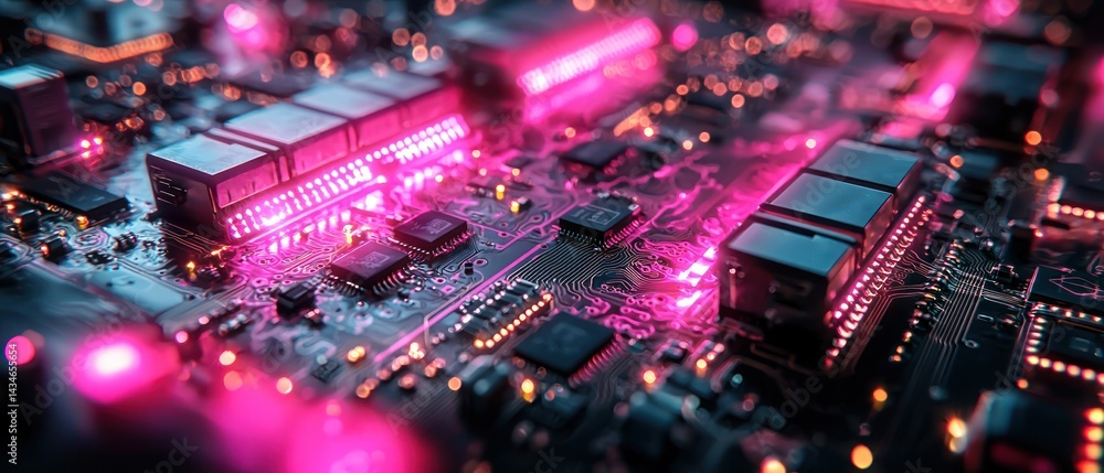 Poster close-up of illuminated circuit board, showcasing intricate details of electronic components and com