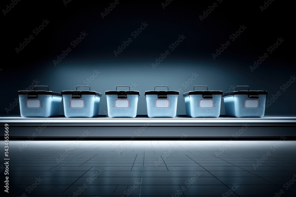 Poster a row of blue storage boxes with black lids, featuring a label space on each container, perfectly al