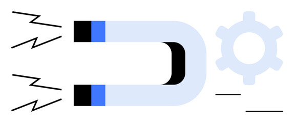 Horseshoe magnet pulling energy lines, accompanied by a simple gear illustration. Ideal for innovation, technology, mechanics, attraction, problem-solving, process efficiency progress. Flat simple