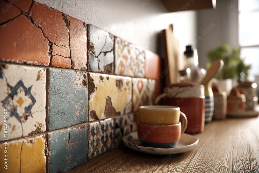 Poster close-up of rustic kitchen tiles with stacked cups and various kitchenware on a wooden countertop cr