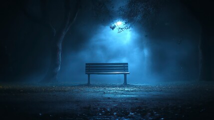 Eerie Night Scene with Bench Illuminated by Streetlight in a Foggy Forest