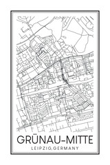 Hand drawn printable downtown road map poster of borough GRÜNAU-MITTE of the German city of LEIPZIG on solid white background with city name
