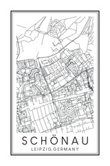 Hand drawn printable downtown road map poster of borough SCHÖNAU of the German city of LEIPZIG on solid white background with city name