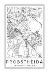 Obraz premium Hand drawn printable downtown road map poster of borough PROBSTHEIDA of the German city of LEIPZIG on solid white background with city name
