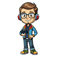 Fototapeta premium Cartoon character, young, stylish, holding a clipboard, listening to music with headphones