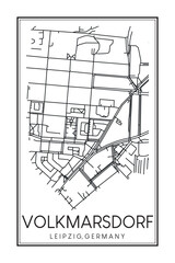 Hand drawn printable downtown road map poster of borough VOLKMARSDORF of the German city of LEIPZIG on solid white background with city name