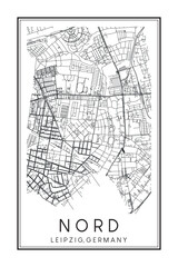 Hand drawn printable downtown road map poster of borough NORD of the German city of LEIPZIG on solid white background with city name
