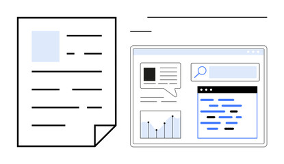Paper document alongside a detailed computer screen featuring search bar, analytics graph, and content. Ideal for data analysis, research, SEO, information management, knowledge sharing, digital