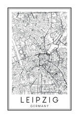 Hand drawn printable downtown road map poster of the German city of LEIPZIG on solid white background with city name