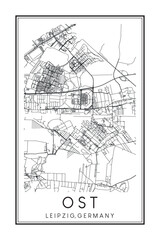 Hand drawn printable downtown road map poster of borough OST of the German city of LEIPZIG on solid white background with city name