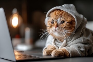 Adorable ginger cat wearing glasses and a hoodie is looking at a laptop screen, humorous and charming image, a pet acting like a human in the office.