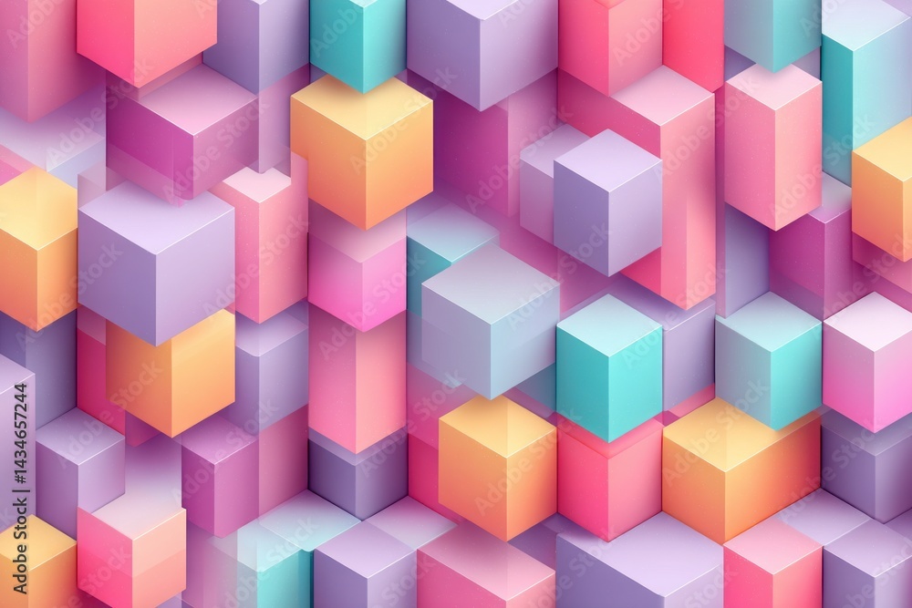 Poster a vibrant and modern abstract background with a geometric design of pastel colored cubes and rectang