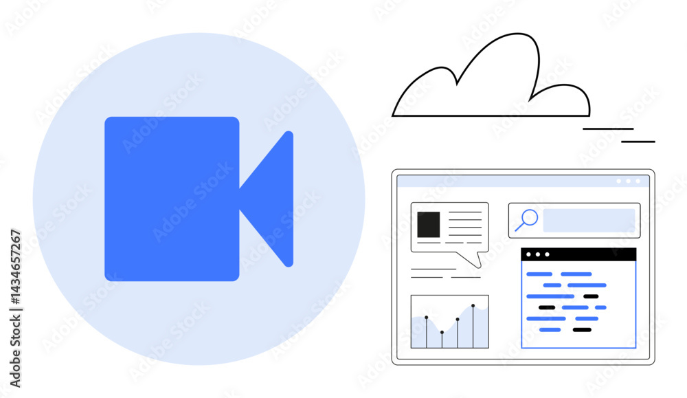 Poster blue video call icon, cloud, data interface with graphs and comments. ideal for video conferencing, 