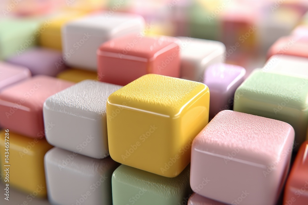 Poster macro shot of pastel-colored sugar cubes stacked on top of each other, creating a visually appealing