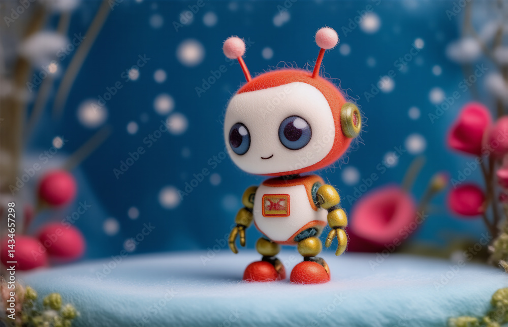 Poster a cheerful little robot with a bright orange helmet and antennas stands confidently. the background 