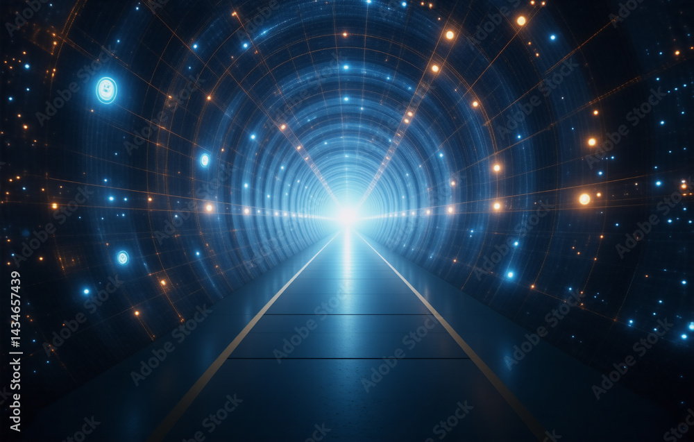 Poster futuristic tunnel illuminated with blue and orange lights converging towards a bright end. perspecti