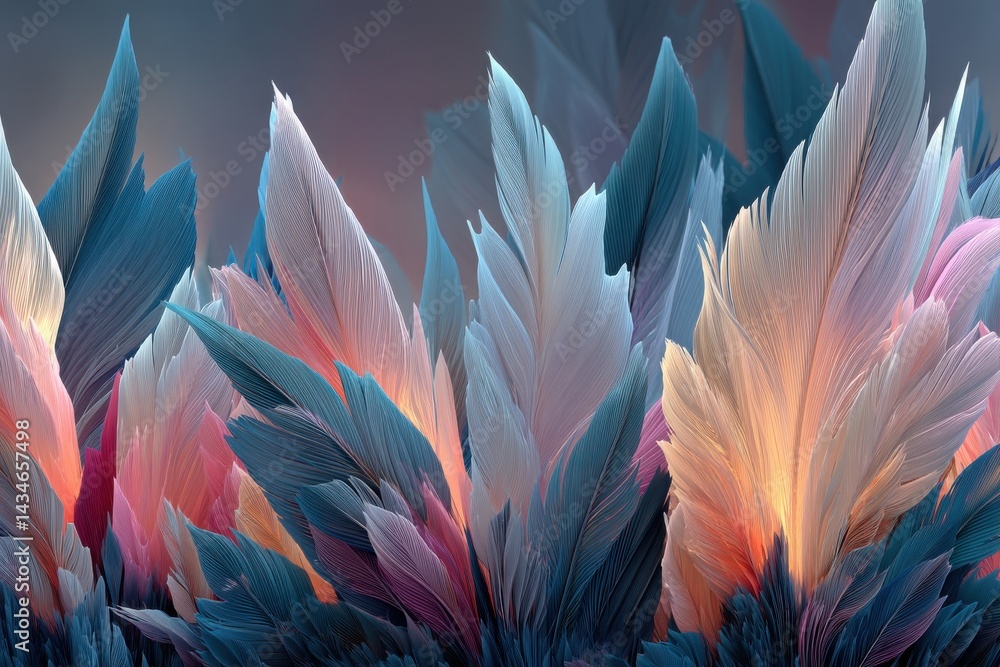 Poster an abstract background with colorful feathers in pastel shades, creating a soft, textured, and ether