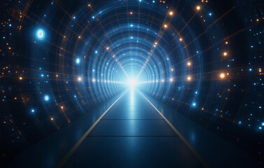 Fototapeta premium Futuristic tunnel illuminated with blue and orange lights converging towards a bright end. Perspective view creating a sense of depth and motion.