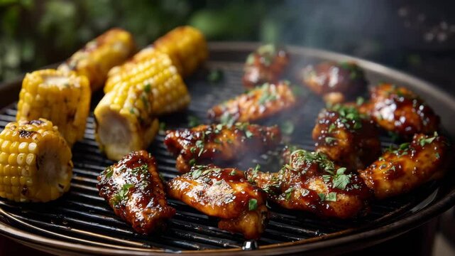 Top-down rotating shot of chicken wings with corn on smoky barbecue
