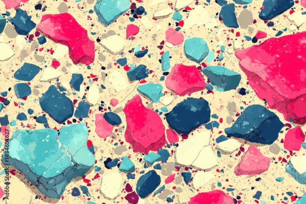 Poster abstract terrazzo texture pattern background with colorful stone fragments and ink outlines for uniq