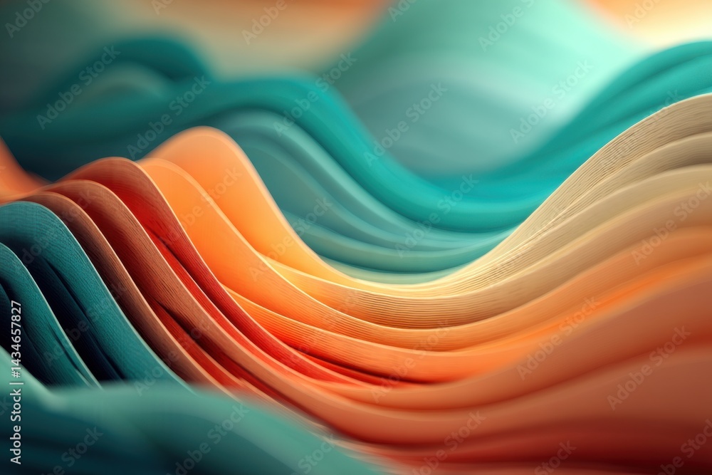Poster abstract undulating curves in teal and orange, soft pastel tones creating a soothing flow with depth