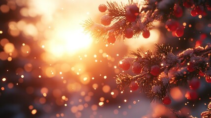 Snowy pine branch with berries at sunset
